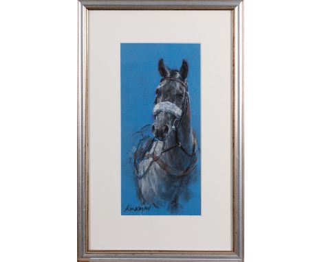 Jay Boyd Kirkman (American, b. 1958)Portrait of a horse Pastel charcoal on blue paper30 x 14cmSigned lower left