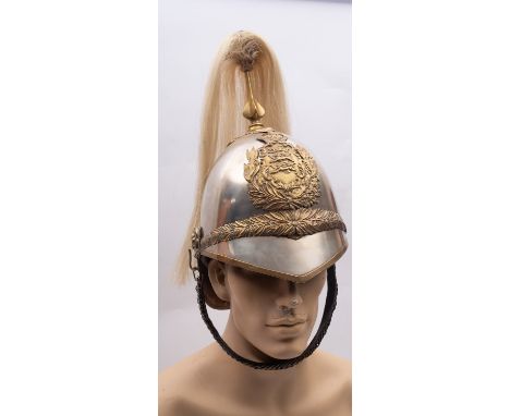 A Duke of Lancaster's Cavalry Trooper's helmet, white horse hair plume on a spire with plain cross piece and oak leaf decorat