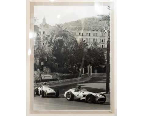 After Rodolfo Mailander (1923-2008 ) 'Stirling Moss, Mercedes Benz W196, Monaco Grand Prix, 1955' Limited edition monochrome 