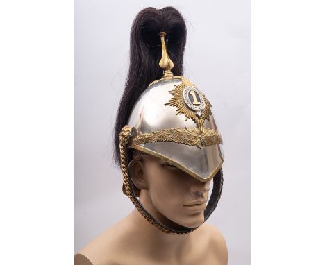 An 1871 pattern First Dragoons helmet, black horse hair plume on a brass spike with  cross piece, oak leaf decorated spine, g