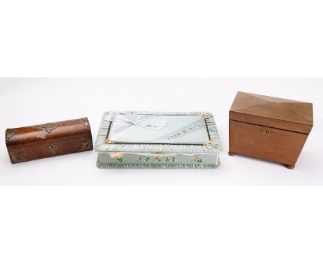 A collection of various buttons, contained in a mahogany tea caddy, together with a collection of machine lace and crochet ne