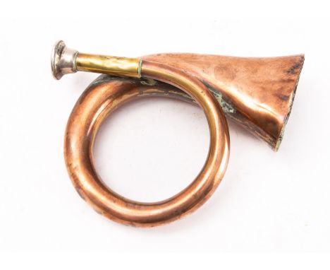 A 19th century copper and brass hunting horn, maker Wigley, London, signed as per title to bell with silver plated mouthpiece