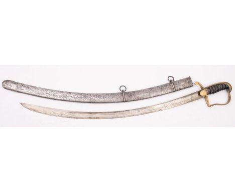 A Georgian Light Company Officer's sword the curved single edge bade with remains of engraved floral and militaria decoration