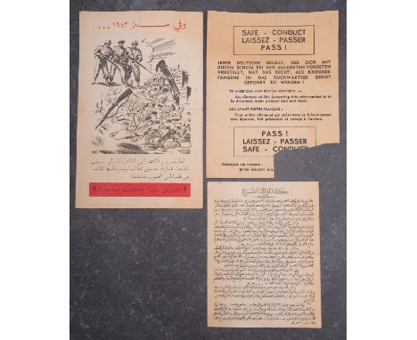 Three WWII Air Drop Propaganda/Surrender leaflets, two in Arabic and one multi lingual 'Safe Conduct' leaflet (3) 