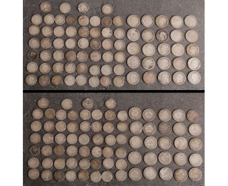Approximately twenty five Queen Victoria Young Head sixpence with approximately 50 silver 3d.