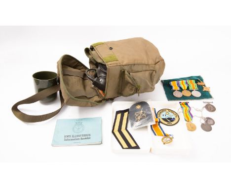 Two WWI pairs, one to 'B.Z 9892 WH Nevill A B RNVR', the other '97122 Pte R E Douglas 19-Lond-R' together with a gas mask and