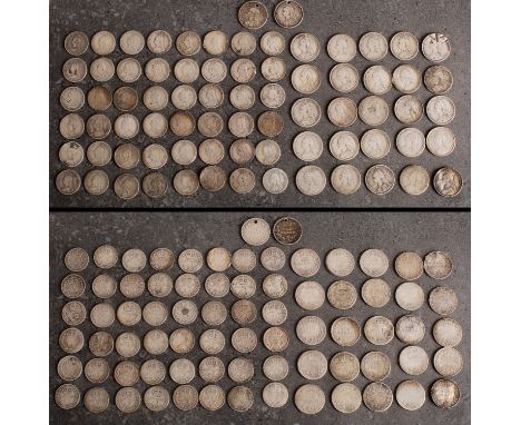 Approximately twenty seven Queen Victoria Jubilee head sixpences, together with approximately forty five silver threepences.