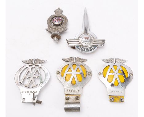 A Morris bonnet badge, together with three AA badges and Royal Automobile Club,(5).