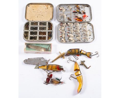 A Hardy aluminium fly tin and contents, together with an Army & Navy aluminium fly tin and contents and a collection of vario