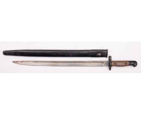 A WWI period British 1907 pattern bayonet, the straight single edge fullered blade with War Department stamps to ricasso, two