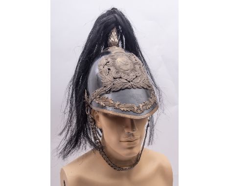 A Staffordshire Yeomanry Officer's helmet, black horse hair plume on a silver plated Acanthus spire and flame cross plate wit