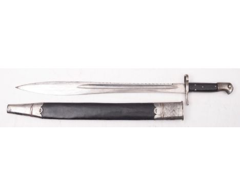 A British Elcho 1871 pattern Sword bayonet, the sawback blade with single fuller, over ring hilt and two piece chequered grip