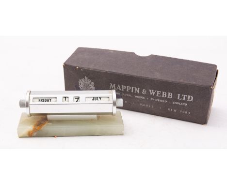 An Art Deco silver plated and onyx perpetual desk calendar, in an associated Mappin & Webb box. 12.5cm wide