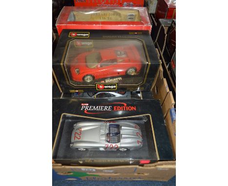 A COLLECTION OF FIVE BOXED 1:18 SCALE MODEL DIECAST CARS, manufactured by Burago and Maisto. Models are European sports cars