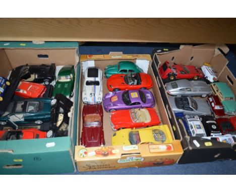THREE BOXES OF UNBOXED AND ASSORTED DIECAST AND PLASTIC CARS, to include Burago, Maisto, Mattel 'Hot Wheels', Solido etc