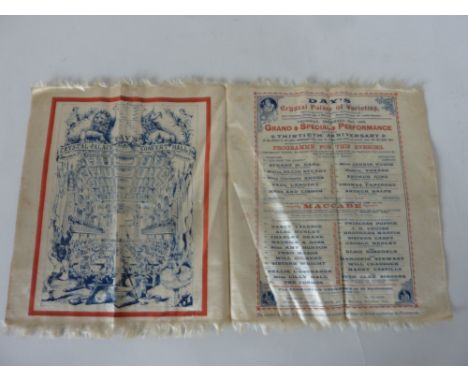 A SILK THEATRE BILL FROM DAY'S CRYSTAL PALACE CONCERT HALL, Birmingham, dated September 22nd 1892, some soiling to edges. Unu