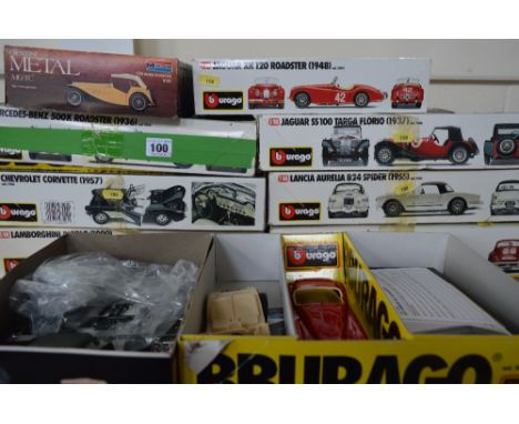 A QUANTITY OF BOXED BUILT AND PART BUILT BURAGO DIECAST METAL AND PLASTIC CAR MODEL CONSTRUCTION KITS, assorted scales with a