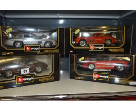 FOUR BOXED BURAGO DIECAST MERCEDES BENZ 300SL CAR MODELS, 1/18 scale