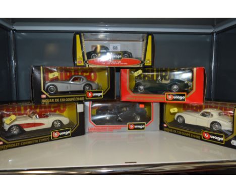 SIX BOXED BURAGO DIECAST CAR MODELS, 1/24 scale, includes four Jaguar XK120 models (6)