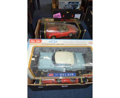 A COLLECTION OF FIVE BOXED 1:18 SCALE MODEL DIECAST CARS, manufactured by Burago, Sunstar, Revell and Gate. Models are Americ