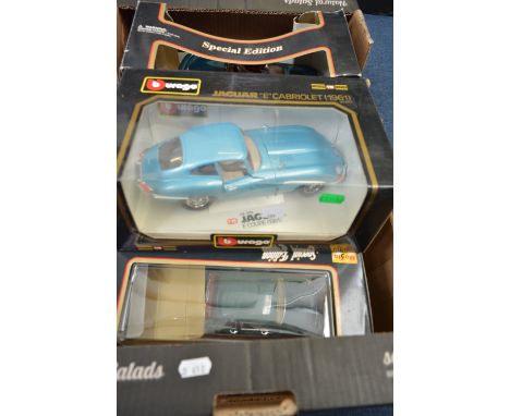 A COLLECTION OF FIVE BOXED 1:18 SCALE MODEL DIECAST CARS, manufactured by Burago and Maisto. Models are British cars