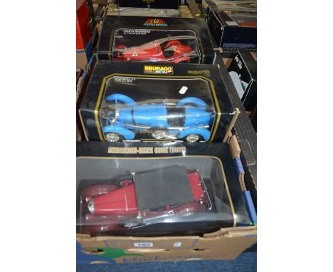 A COLLECTION OF FIVE BOXED 1:18 SCALE MODEL DIECAST CARS, manufactured by Ricko, Burago and Mattel. Models are European cars