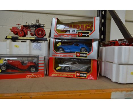 A COLLECTION OF BOXED DIECAST MODEL VEHICLES, to include four 1/24 scale Bugatti models and two Franklin Mint fire engine mod