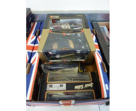 A COLLECTION OF FIVE BOXED 1:18 SCALE MODEL PORSCHE DIECAST CARS, manufactured by Burago