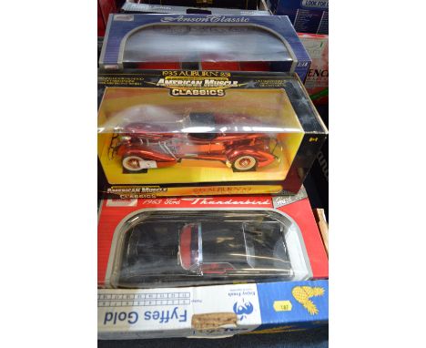 A COLLECTION OF FIVE BOXED 1:18 SCALE MODEL DIECAST CARS, manufactured by Anson, ERTL and others. Models are American cars