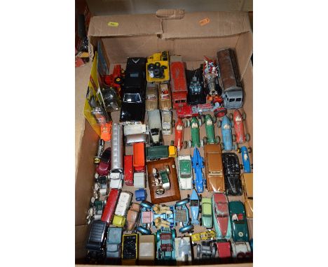 A QUANTITY OF UNBOXED AND ASSORTED PLAYWORN DIECAST VEHICLES, to include Dinky Supertoys Guy Van 'Slumberland', No.514, decal