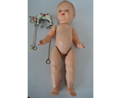 AN UNBOXED MOKO LESNEY MUFFIN THE MULE PUPPET, some paint loss and has replacement strings, with an unmarked composition talk