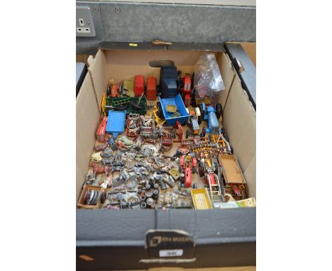 A QUANTITY OF UNBOXED AND ASSORTED PLAYWORN DIECAST FARM VEHICLES AND A QUANTITY OF CAST ANIMAL MODELS AND ACCESSORIES, to in
