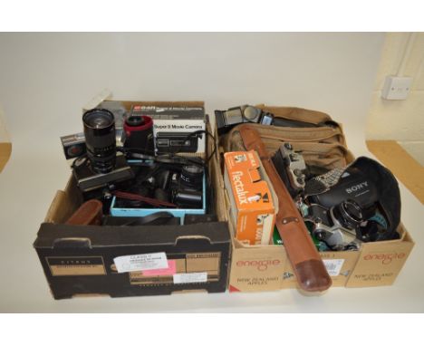 TWO BOXES OF CAMERAS, and equipment, including Pentax Asahi Spotmatic F K 1000, Minolta and Canon, Vivitar lenses