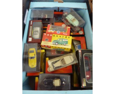 A COLLECTION OF TWENTY BOXED 1:43 SCALE MODEL DIECAST CARS, manufacturers include Corgi and Burago amongst others. Various mo