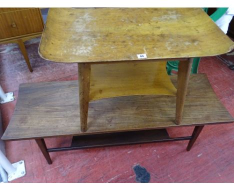 Long teak coffee table with under tier shelf and a two tier side table, both mid Century