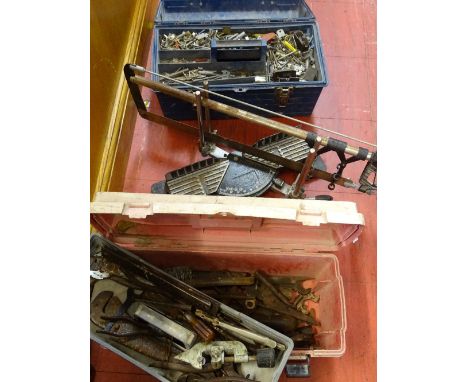 Two plastic toolboxes and contents of tools and fixings and a GS mitre saw
