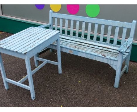 Blue painted wooden garden bench and matching table