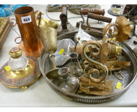 Victorian brass and copper inkwell, three flat irons and other various metalware