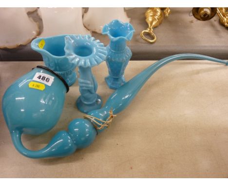 Victorian blue opaline glass pipe, two vases and a jug