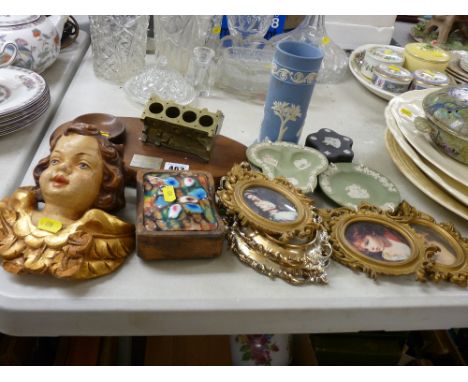 Quantity of Wedgwood Jasperware ornaments, framed miniature prints, presentation model of an engine block etc
