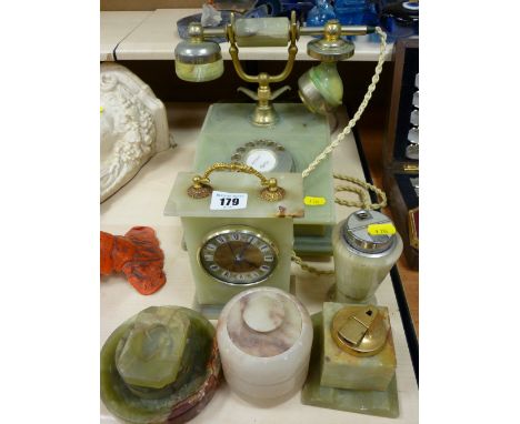 Onyx effect vintage style telephone, mantel clock, table lighters and other similar ware