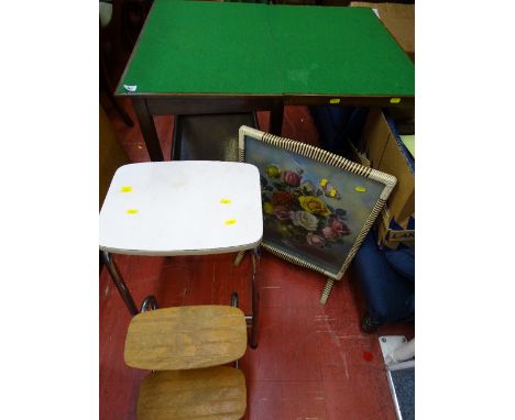 Foldover baize top trolley, firescreen and a two tread stepstool
