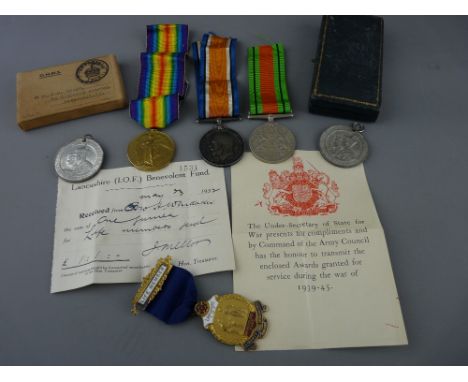 World War I 1914-18 Campaign and Victory medals awarded to 4294 Pte F Bennett, L'Pool R, an unmarked 1939-45 Defence medal, a