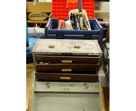 Wooden toolbox/chest containing vintage tools and fixings and a modern plastic step/toolbox with contents