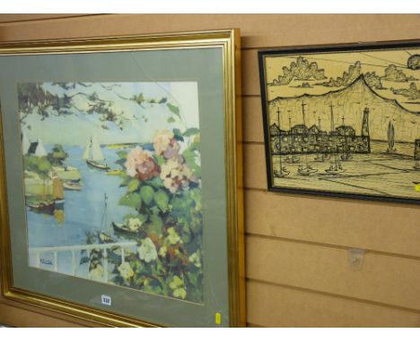R WINTZ colourful framed print - coastal quay with inlet and boats at sail with an original pen and ink of a similar vein, in