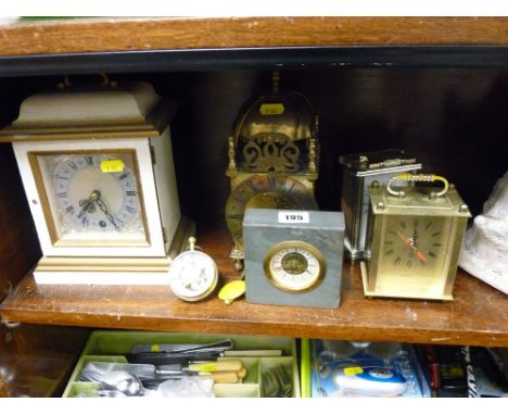 Reproduction brass lantern clock, bull's eye clock and four further modern mantel clocks