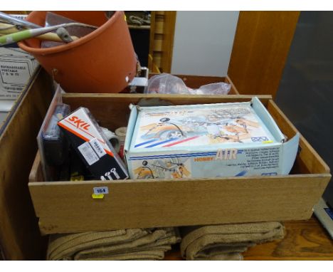 Parcel of three drawers containing various garage items, a red bucket, hand tools and parcel of hessian sacks E/T