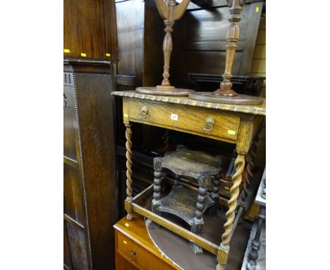 Barley twist oak single drawer side table, two reproduction wine tables and an oak two tier planter stand (a parcel)