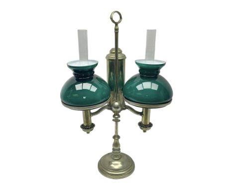 Miller & Sons Piccadilly polished brass double adjustable student's oil lamp, with green glass shades, H52cm