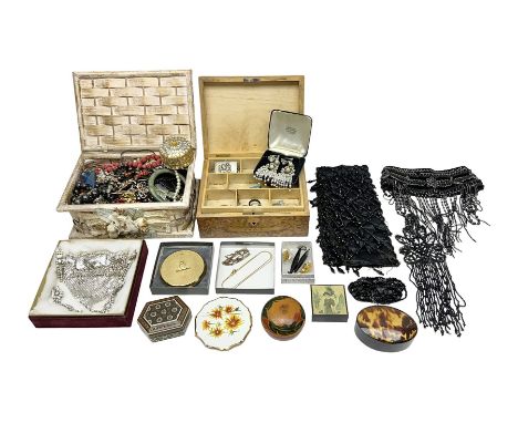 Two Stratton compact mirrors, 1920s style beaded sash and collar, and a collection of costume jewellery including beaded neck
